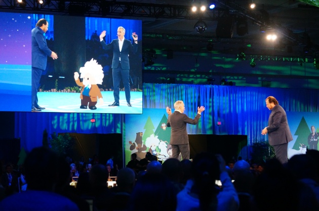 An Einstein avatar appears between Parker Harris and Marc Benioff at Dreamforce 2016